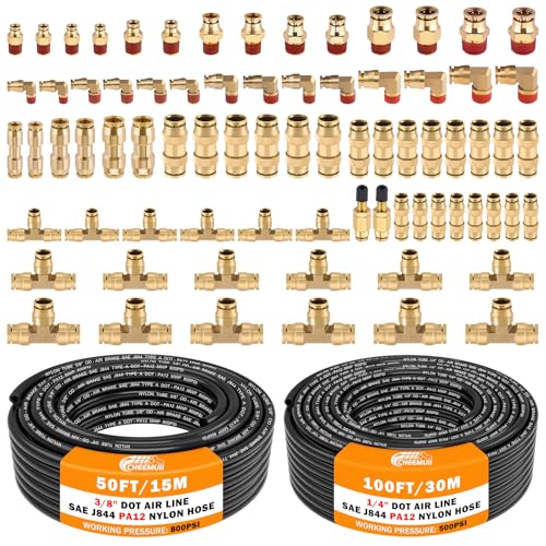 CheeMuii 76 Pcs Brass DOT Air Line Fittings with 1/4" & 3/8" DOT Air Hoses - size: 2ROLL-80PCS-BLACK