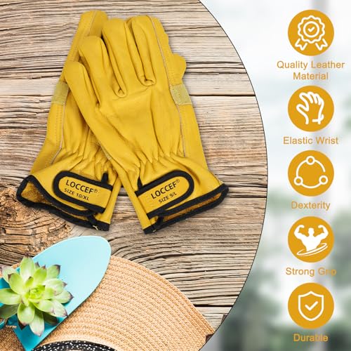 LOCCEF 2 Pairs Leather Work Gloves for Men Women Cowhide Utility