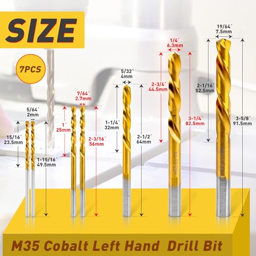 7PCs M35 Cobalt Left Hand Drill Bits Set 5/64",7/64",5/32",1/4",19/64" - size: 5/64 in - 19/64 in (7Pcs)