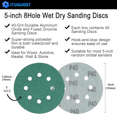 5 Inch 8 Hole P40 Grit Zirconia Wet Dry Sanding Discs - 40 Pack - size: 40 Grit