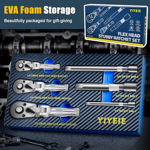 YIYEIE Stubby Flex Head Ratchet Set, 6PCS Stubby Ratchet Set 1/4 3/8 1/2 inch with 3 Extension Bars, 72 Tooth Reversible & Quick-Release, 180° Swivel Head Mini Handle with EVA Foam - size: 1/4", 3/8", 1/2" Drive, style: Stubby Ratchet Set