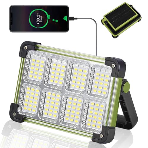 120W Solar Rechargeable Work Light, 144 LED Portable Flood Light with Stand, IP66 Waterproof 4 Modes LED Job Site Lighting Flashlights for Mechanic Camping Fishing Car Repair - color: Green