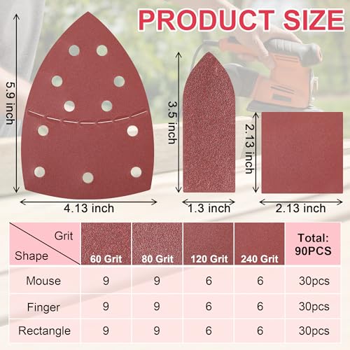 90 Pcs Detail Sander Sandpaper Kit, Hook&Loop Sanding, 60/80/120/240 Grit