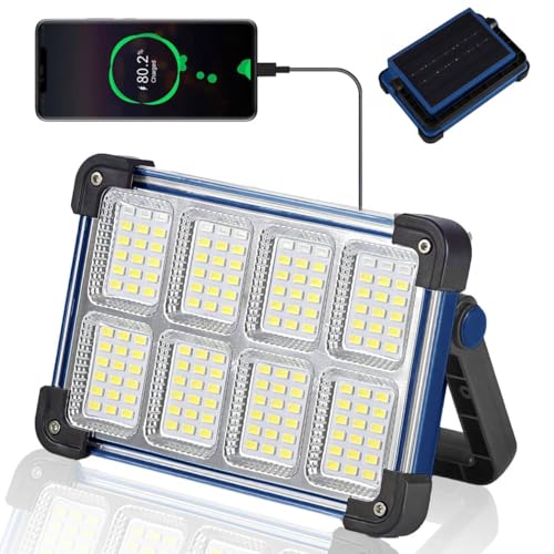 120W Solar Rechargeable Work Light, 144 LED Portable Flood Light with Stand, IP66 Waterproof 4 Modes LED Job Site Lighting Flashlights for Mechanic Camping Fishing Car Repair - color: Blue