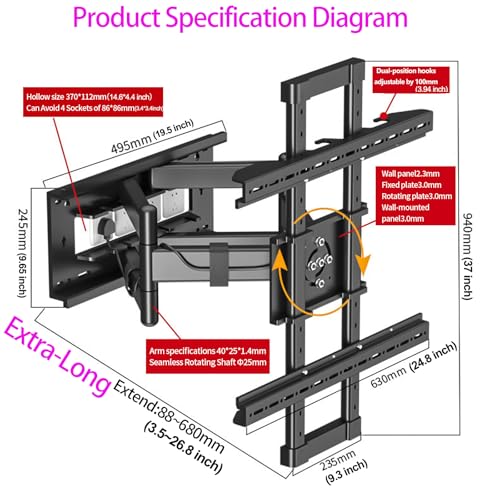 Full Motion TV Wall Mount for 50-90", Hold 264 lbs, ±90° Rotation - size: 50-90 inch