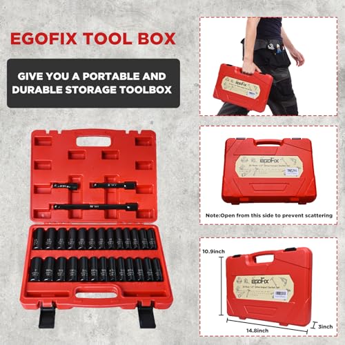 29 Pieces 1/2" Socket Set, Drive Deep Impact Socket Set with 3", 5", 10" Extension Bars, 6 Point SAE and Metric (3/8"-1", 10mm-24mm), Cr-V Steel - color: 1/2-29pcs