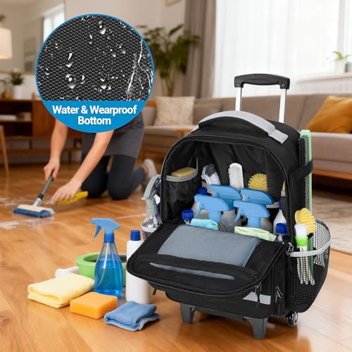 HODRANT Rolling Clean Backpack with Detachable Trolley & Waterproof Bottom | Large Cleaning Supplies Bag with Handle & Support Plate, Cleaner Caddy Organizer for Car Wash & Housekeeping Tool Storage
