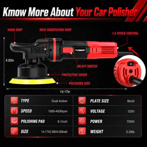 AOBEN Car Buffer Polisher,6 inch Dual Action Polisher,Random Buffer Polisher kit with 6 Variable Speed 1000-4500rpm,Detachable Handle,4 Buffing Pads for Car Detailing Polishing and Waxing - size: AT3501-7