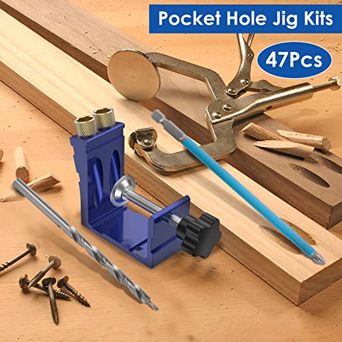 47Pcs Pocket Hole Jig Adjustable Punch Locator 15 Degree Angle Hole Drill Guide Kit High Precision Drill Punch Positioner for Carpenter DIY Joinery Work Woodworking Tool