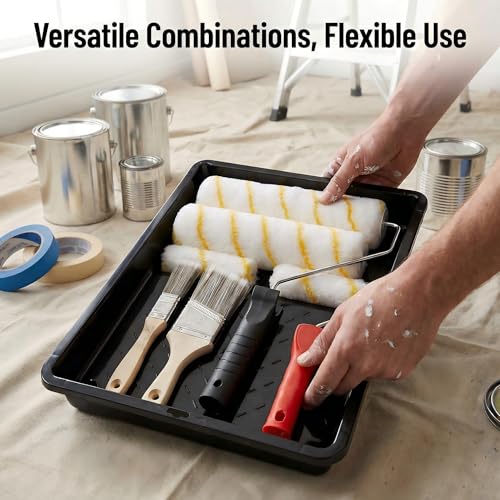 Paint Roller Kit 9 Piece, Paint Rollers, Brushes & Paint Tray, House Painting Supplies, High Absorbency, Washable, Reusable & Easy to Clean