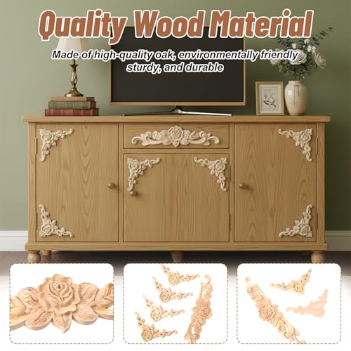 5PCS Wooden Rose Appliques Onlays Set, Unpainted Wood Carved Wall Decor for Furniture, Decorative Rose Wooden Onlay for Bed Door Wall Cabinet Wardrobe, Home Embellishments for Craft DIY Projects