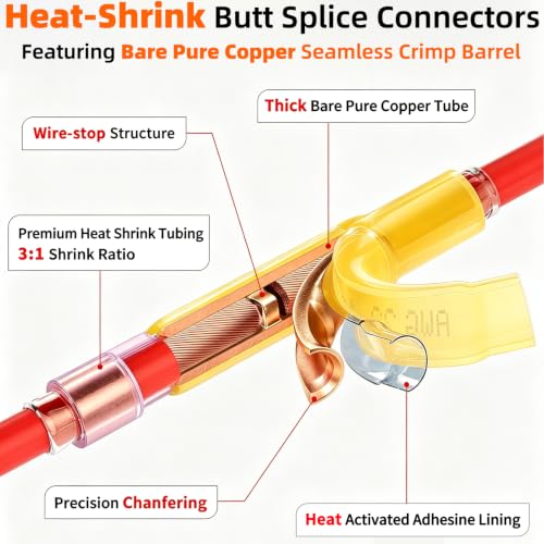 SVAAR 12-10 Gauge Heat Shrink Butt Connectors 40pcs 12-10 AWG Heat Shrink Butt Splice Marine Grade Insulated Waterproof Electrical Crimp Wire Connectors,Pure Copper Butt Splice for 12-10 Gauge Wire - size: 12-10 AWG