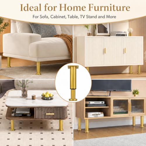 Adjustable Furniture Legs 4 Pack, 7.1 to 11.8 Inch Gold Metal Telescopic Legs with Screws, Height Adjustable Sofa Legs Bed Frame Support Legs for Couch, Cabinet, Table, TV Stand