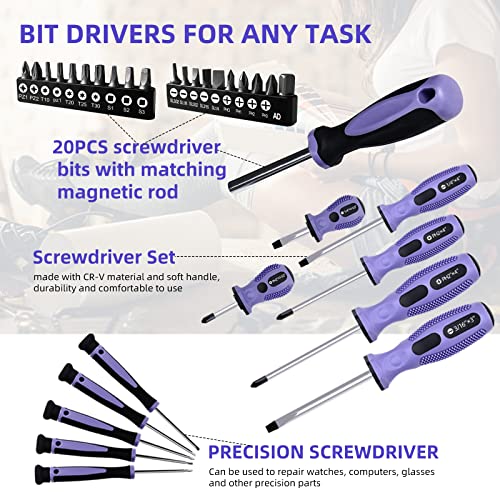 ACOSEA Purple Tool Set,223-Piece Tool Sets for Women,Tool Kit with 13-Inch Wide Mouth Open Purple Tool Bag,The Basic Tool Set is Perfect for Home Maintenance (PURPLE)