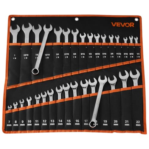 VEVOR Combination Wrench Set, 32-Piece SAE and Metric, 12-Point Box End and 15° Angled Open End Combination Wrenches with Roll Up Pouch, Carbon Steel, for General Household and Automotive Repairs - size: 32PCS (Metric&SAE), style: Regular