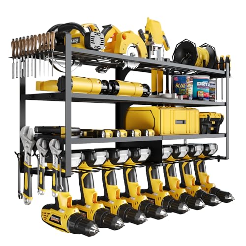 Power Tool Organizer Wall Mount 2 Pack,4 Layers Heavy Duty Garage Tool Storage,Loads 300 Lbs With 8 Cordless Drill Holder - color: Black, size: 33"Width*2