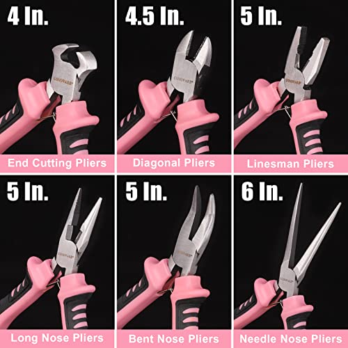COMOWARE 6-Piece Mini Pliers Set, Needle Nose, Long Nose, Bent Nose, Diagonal, End Cutting and Linesman, for Crafts Work, Electronic Repair, with Pink Pouch - color: Pink
