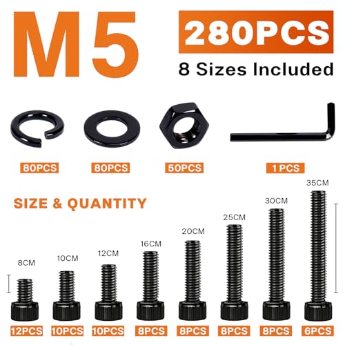 280PCS M5 Socket Head Cap Screw Assortment Kit, 8-35mm - size: M5