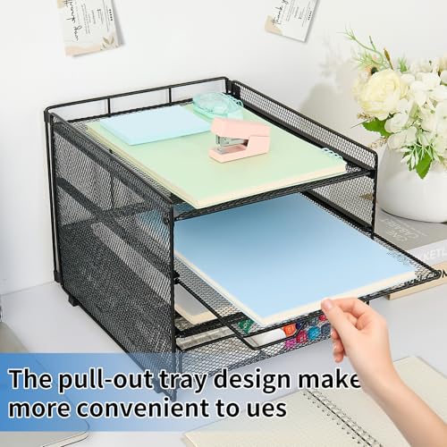 OPNICE Desk Organizer, 4-Tier Desktop File Organizer with Drawer, Office Desk Accessories, File Sorters, Workspace Organizers for Office Supplies(Black Upgraded) - color: Light Black, size: 4T