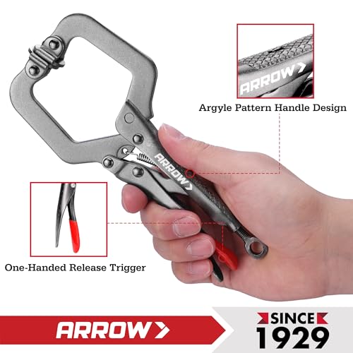ARROW 6 Inch C-Clamp Locking Pliers with Swivel Pads, Through-Hole Adjustment, One-Handed Release Trigger, Heat-Treated Steel Welding Clamp for Woodworking and Metalworking - size: 6 inch