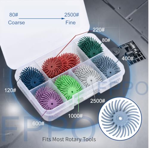 FPPO 42pcs 1 Inch Radial Bristle Disc Kit with 3mm Shank for Rotary Tools,Detail Abrasive Wheel for Jewelry Wood Metal Polishing, Bristle Wheel with Grit 80-2500