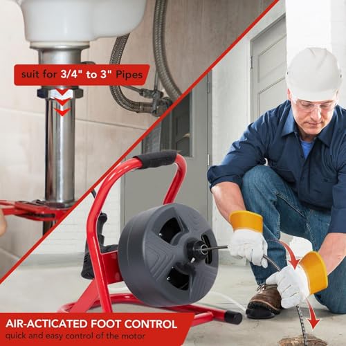 PIONEERWORKS 50Ft x 5/16 Inch Drain Cleaner Machine, Electric Drain Auger Professional for 3/4 to 3 Inch Pipes, Foot Switch with 6 Cutters, Glove, Drain Auger Cleaner Sewer Snake - DA04