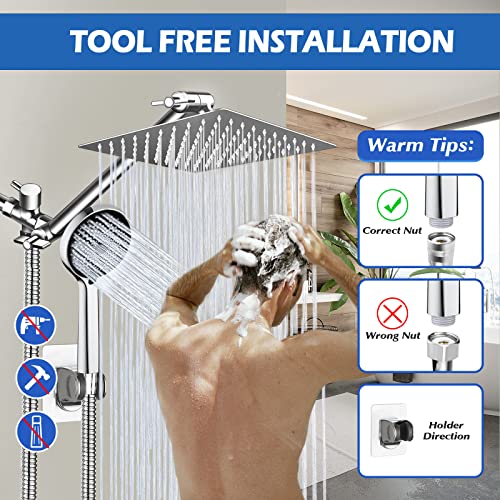 Shower Head,8”Rain Shower Head with Handheld Spray Combo with 11'' Angle Adjustable Extension Arm/Flow Regulator/Shower System,High Pressure Rainfall Shower Head Bathroom,Chrome - color: Silver01, size: 8 Inch