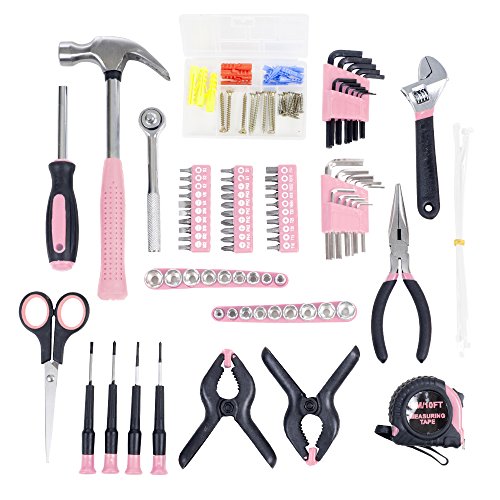 86-Piece Household Hand Tool Set with Roll-Up Bag – Tool Kit with Screwdrivers, Pliers, Wrenches, and More – Great for the Home or Car by Stalwart - color: Pink