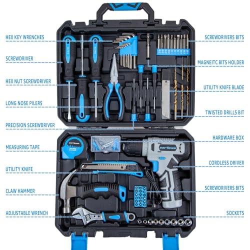 CARTMAN 150-Piece 8V Cordless Drill Hand Tool Set Blue Household Repair Kit - color: Blue
