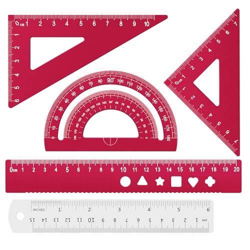 Honagu Triangular Ruler Set, 4+1Pieces Aluminum Alloy Ruler, Metal Drafting Ruler, Geometric Protractor for Students, School Office Supplies (Red, 20cm) - color: Red
