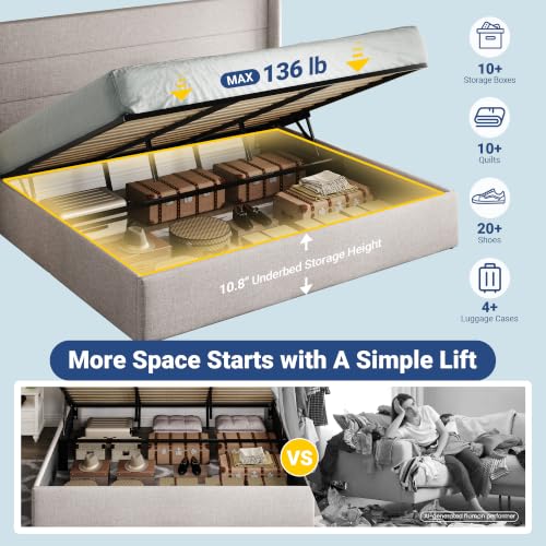 Allewie King Size Lift Up Hydraulic Storage Bed Frame Light Beige - color: Beige, size: King, style: Modern