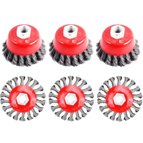 6 Pack Wire Wheel Brush for 4 1/2 Angle Grinder - 4 & 3 Inch Knotted Coarse Crimped Wire Wheels & Cup Brush with 5/8-11UNC Threaded Arbor - style: 6 PACK Wire Wheel&Cup Set