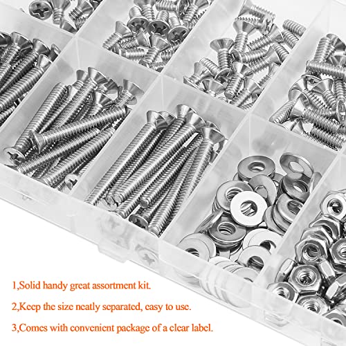 HELIFOUNER 240 Pieces #6-32 Phillips Countersunk Head Machine Screws Nuts Washers Assortment Kit, Coarse Thread, Fully Machine Threaded, 304 Stainless Steel - size: #6-32