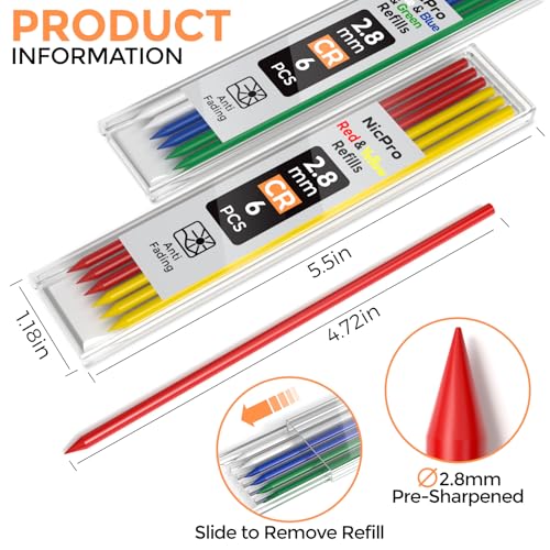 Nicpro Carpenter Pencil Lead Refills 2.8mm, 60 Pieces Colourful - color: Black and Color, size: 60 Piece