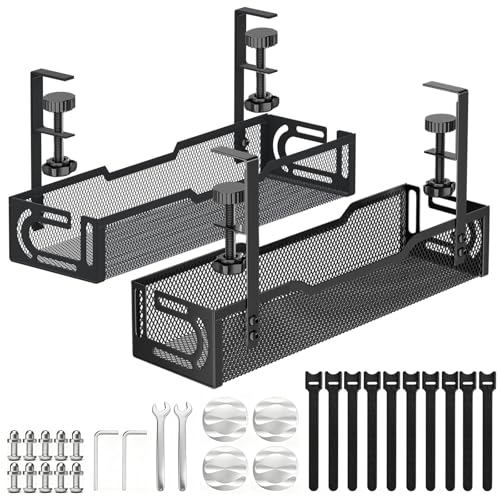 2Pack Under Desk Cable Management Tray, No Drill Mesh Desk Cable Tray - color: 2Pack-Black (15.3''+15.7'')