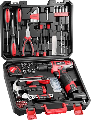 PULITUO 149-Piece Home Drill Set with Red 12V Cordless Drill, Hand Tools & Tool Box, Tool Kit for Women & Men and DIY Enthusiasts, for Home Improvement - style: 12V Set(Red)