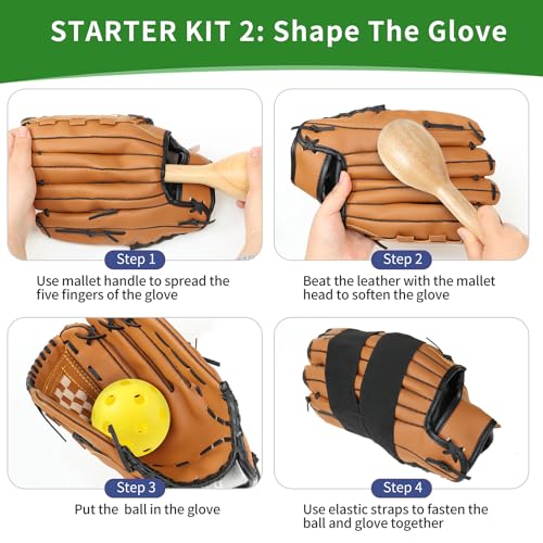 Baseball Glove Break-in kit, One Piece Structure Baseball & Softball Glove Mallet, Glove Wrap Band, Practice Ball, Baseball Mitts Shaping Hammer for Adult Youth Catchers - size: Upgraded 6-Piece Kit
