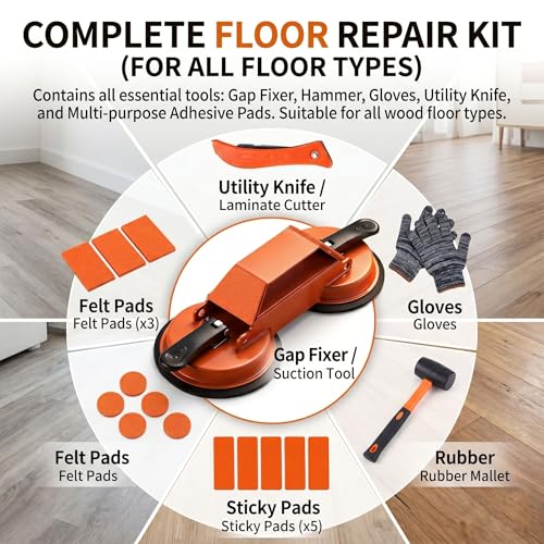 Floor Gap Fixer Tool Kit for Laminate and Vinyl Plank, Heavy Duty Double Suction Cup Floor Gap Closer with Non-Marring Rubber Mallet, Sticky Pads, Seam Knife - Complete DIY Home Flooring Repair Set