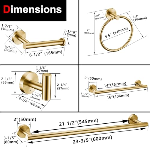 6 Pieces Brushed Gold Bathroom Hardware Accessories Set Hand Towel Ring 16&23.6 inch Round Towel Bar Toilet Paper Holder Towel Hooks 2 Pieces SUS 304 Stainless Steel,Heavy Duty,Wall Mounted - color: Brushed Gold, size: 6 piece 24"