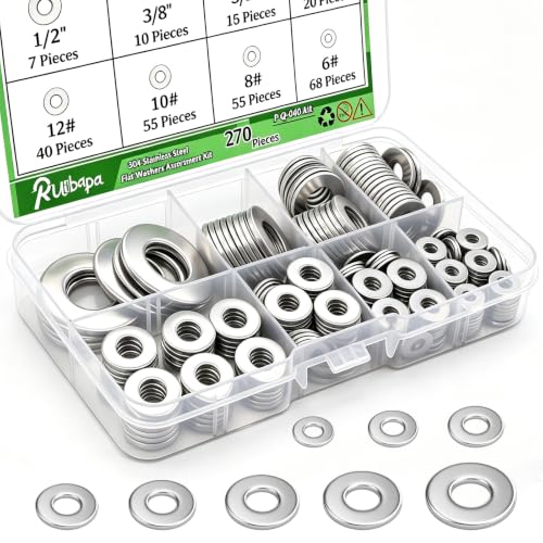 270 PCS 304 Stainless Steel Flat Washers Assortment Kit 8 Size-1/2 3/8 5/16 1/4 12# 10# 8# 6# 304 Stainless Steel Flat Washers for Screws Bolts - size: SAE-270PCS, style: Flat Washers