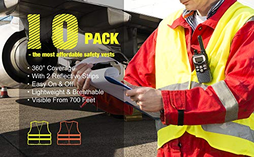 DUSKCOVE 10 Pack High Visibility Safety Vest for Traffic Work, Running, Surveyor and Security Guard - Construction Vest with 2 Reflective Strips, Made from Breathable and Neon Yellow Mesh Fabric - color: Neon Yellow