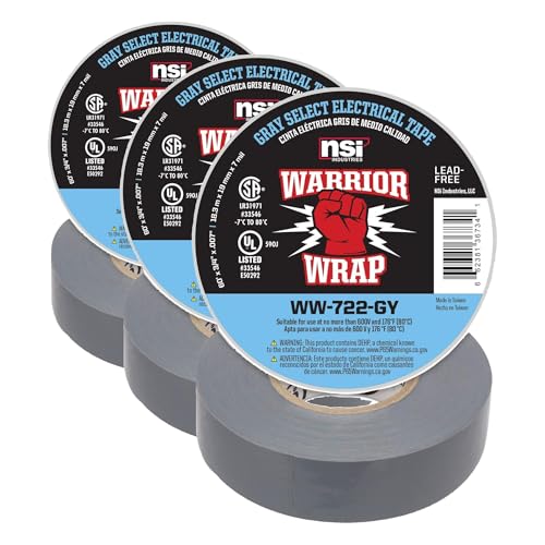 NSI Industries WarriorWrap Select 3/4 in. x 60 ft. 7 mil Vinyl Electrical Tape, Gray (WW-722-GY) (Pack of 3) - size: 3/4 in. x 60 ft. x 7 mil (Pack of 3)
