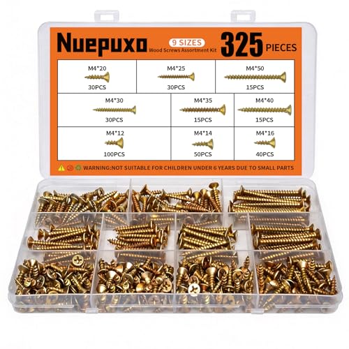 325PCS Wood Screws Assortment Kit, 9 Sizes Phillips Flat Head