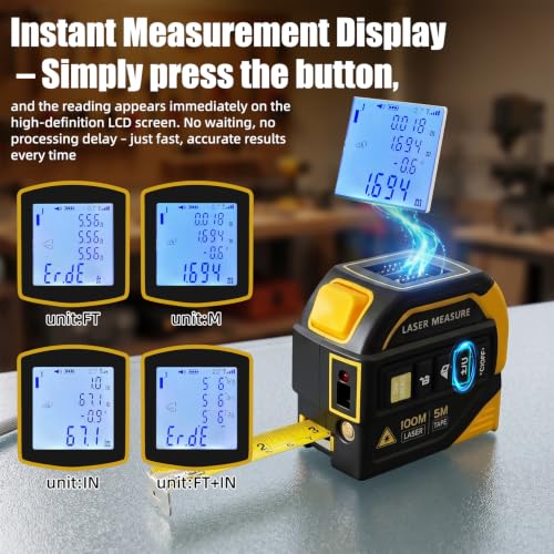 4 in 1 Laser Tape Measure, Digital Measuring Tape with 328ft Laser Measuring Tool & 16ft AutoLock Tape, Cross-Line Laser Level, Rechargeable for DIY Home Construction