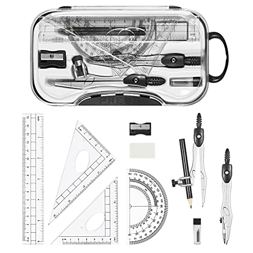 Unjoo Geometry Sets 10 Pcs Student Supplies, Protractor and Compass (Black) - color: Black