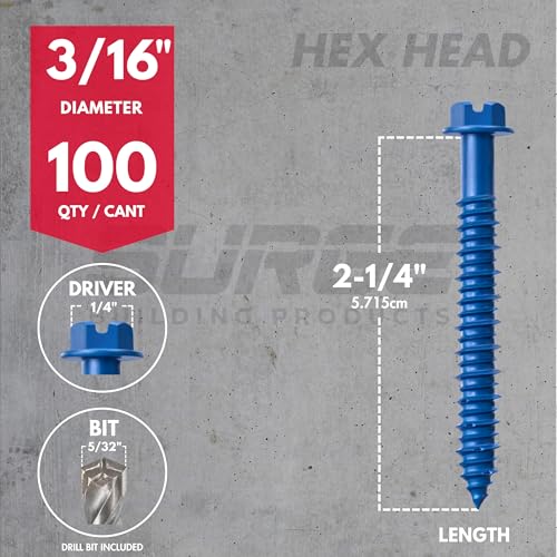 3/16" x 2-1/4" Hex Head Blue Concrete Screws with Drill Bit (Box of 100) - size: 3/16" x 2-1/4"