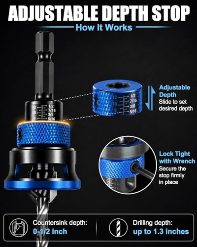 9PCS Countersink Drill Bit Set with Adjustable Depth Stopper - color: Blue, size: Standard - Manual Adjustment