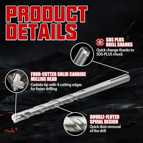 CSOOM SDS Plus Rotary Hammer Drill Bit 1/2"x6.3", Professional Concrete Drill Bit for Concrete, Brick, Stone and Cement Walls - size: 1/2"x6.3"
