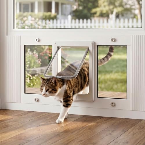 Cat Door for Window, Adjustable 31"-36", 4 Locking Modes + Extra Security Lock for Outside Safety, Window Pet Door with Magnetic Self-Closing, No-Drill Installation, Weatherproof Aluminum Frame Insert - size: 31-36 inches
