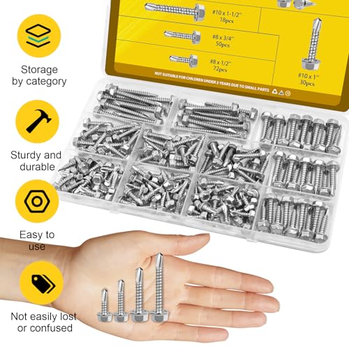 170Pcs #8#10 Self Tapping Screws for Metal, #8x1/2'' 3/4'',#10x1'' 1-1/2'' Hex Washer Head Self Drilling Screws Assortment Kit, 410 Stainless Steel Sheet Metal Screw Silver - size: 170pcs #8#10 Silver